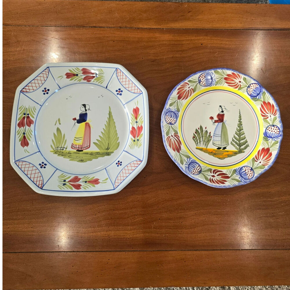 2 Vintage Henriot Quimper Signed French plates Mistral Blue and FDG Tradition